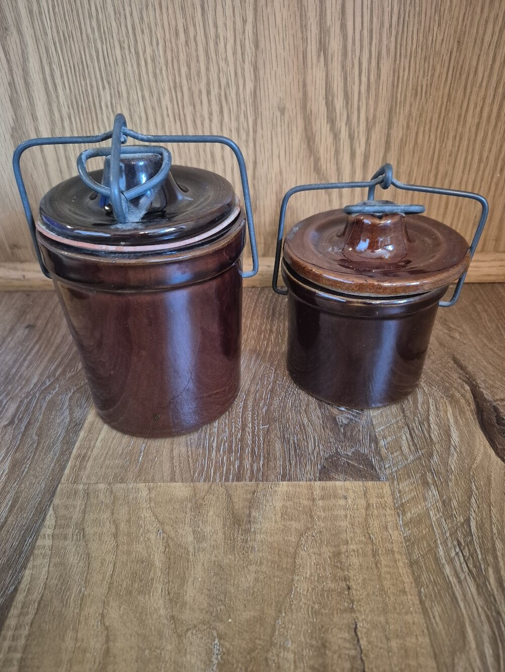 Brown Ceramic Stoneware Cheese Butter Set with Wire Handles- Vintage